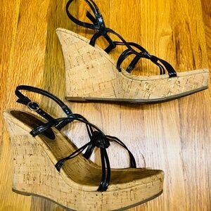 Banana Republic women  black strappy cork wedge platform sandal, Size 9